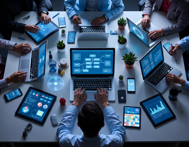 Team of professionals working on automation workflows and data processes using laptops and tablets